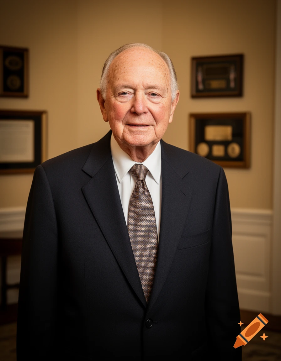 Photorealistic portrait of an older man in a dark suit and patterned tie, smiling subtly against a warm, blurred background.