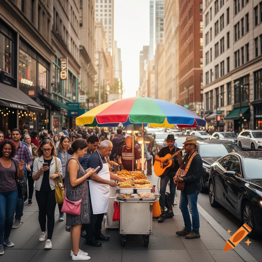 A bustling street scene with a food vendor under a colorful umbrella ...