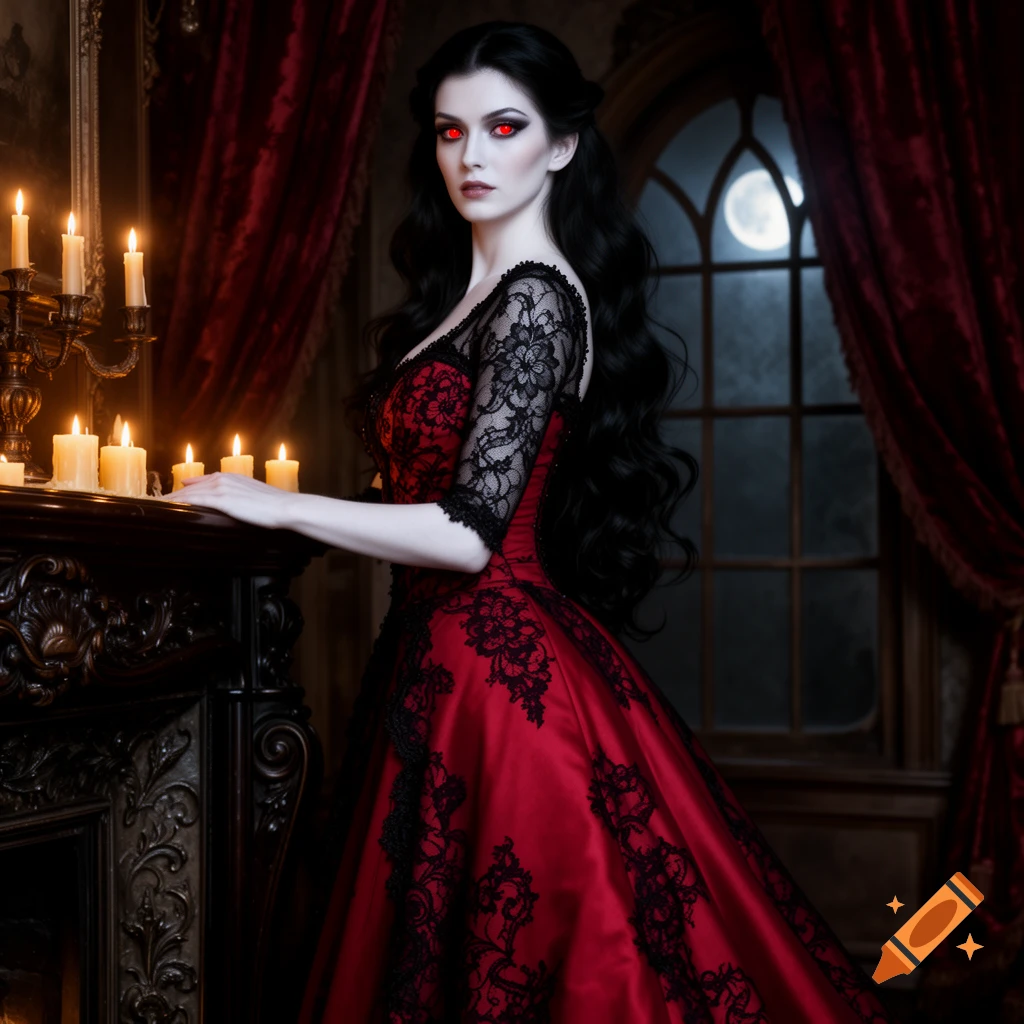 A gothic vampire woman with red eyes and black hair in a red lace gown ...