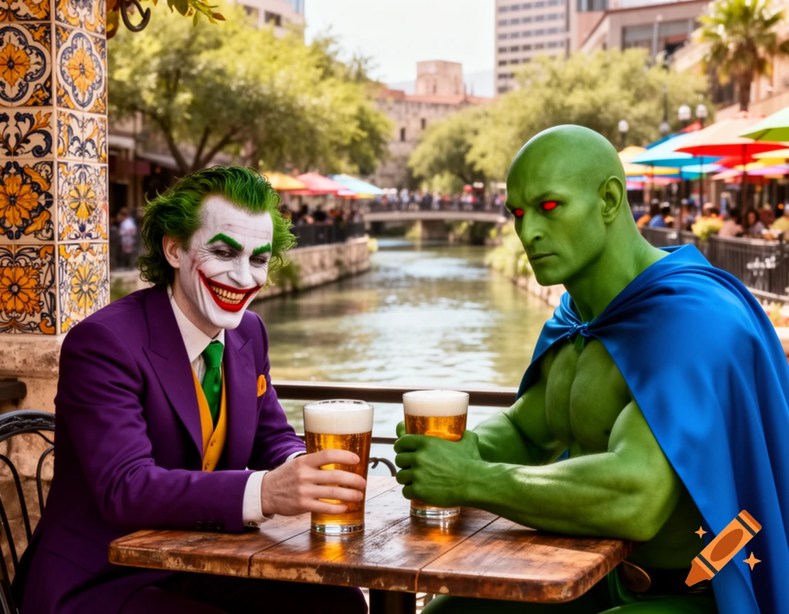 The Joker and Martian Manhunter sit at an outdoor table by a river, each holding a glass of beer.