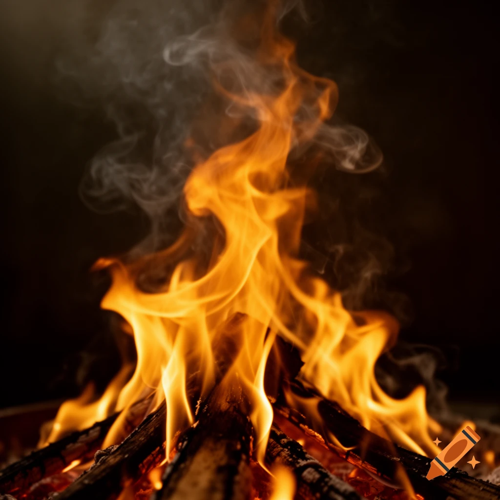 Close-up of bright orange and yellow flames consuming logs, with smoke rising against a dark background.