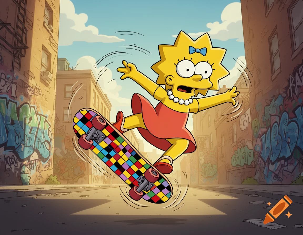 Lisa Simpson in classic cartoon style falling off a colorful skateboard in an urban alleyway with graffiti.