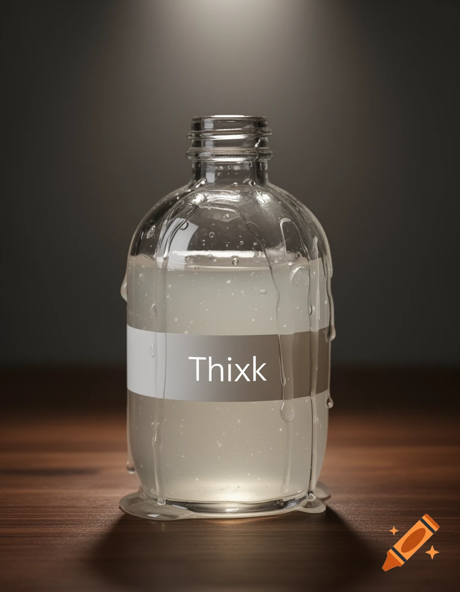 A clear glass bottle filled with cloudy white liquid, labeled 'Thixk', on a wooden table.