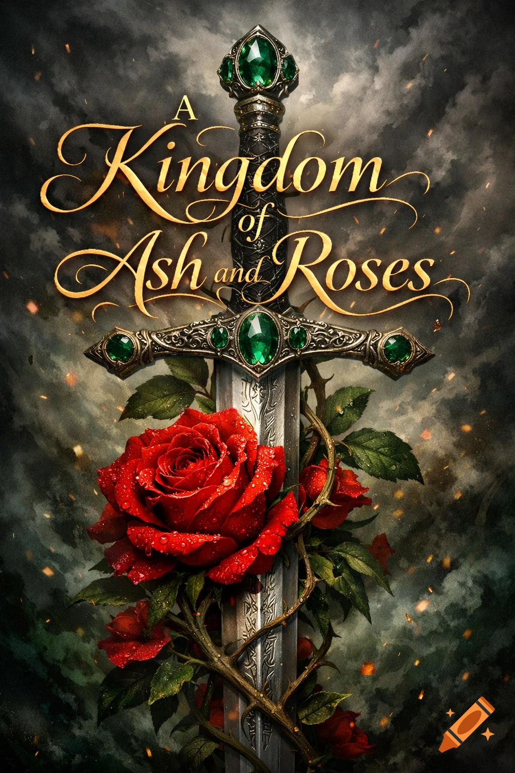 An ornate sword with green jewels entwined with red roses and thorns, against a dark, cloudy sky. Text: 'A Kingdom of Ash and Roses'.