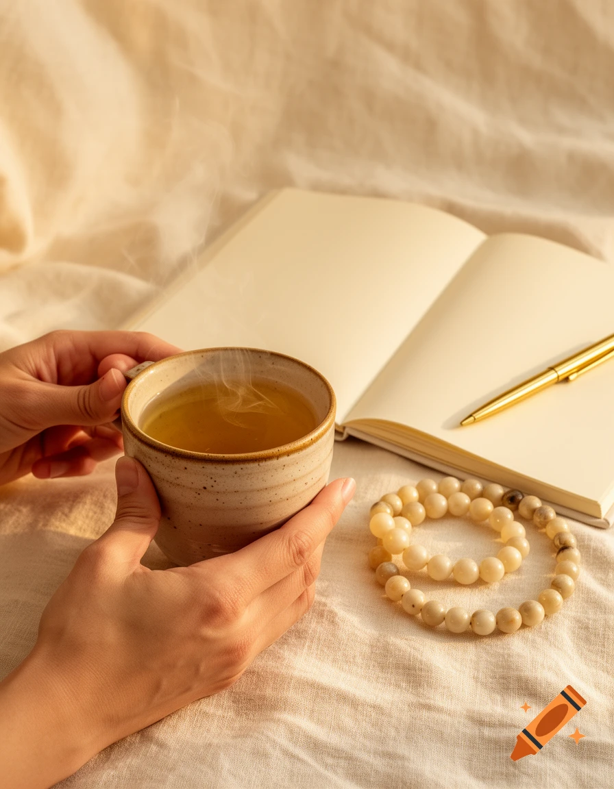 Hands hold a steaming ceramic cup of tea on a cream linen background with an open journal, gold pen, and meditation beads under soft natural light.