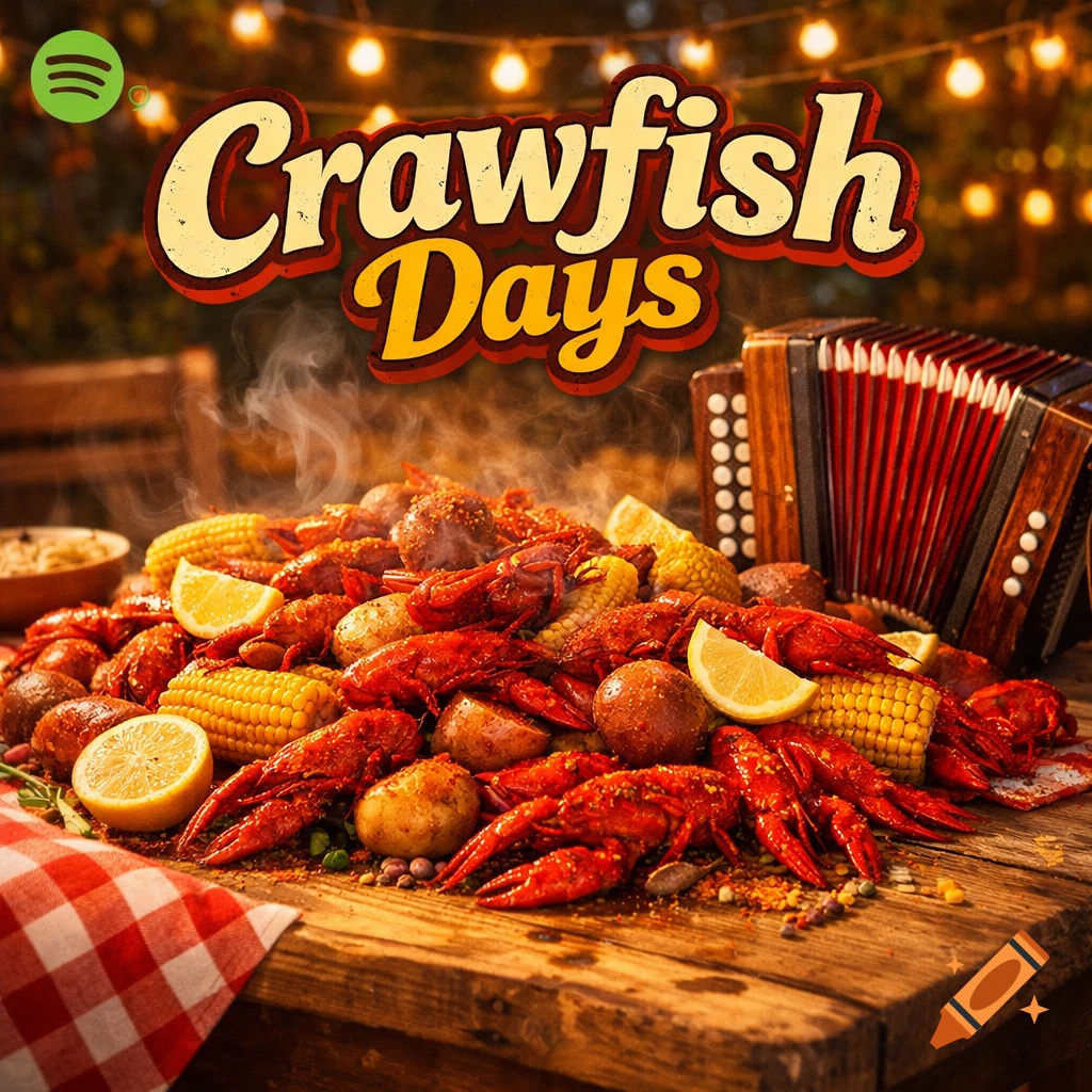 Vibrant crawfish boil on a rustic wooden table with corn, potatoes, lemons, an accordion, and 'Crawfish Days' text under string lights.