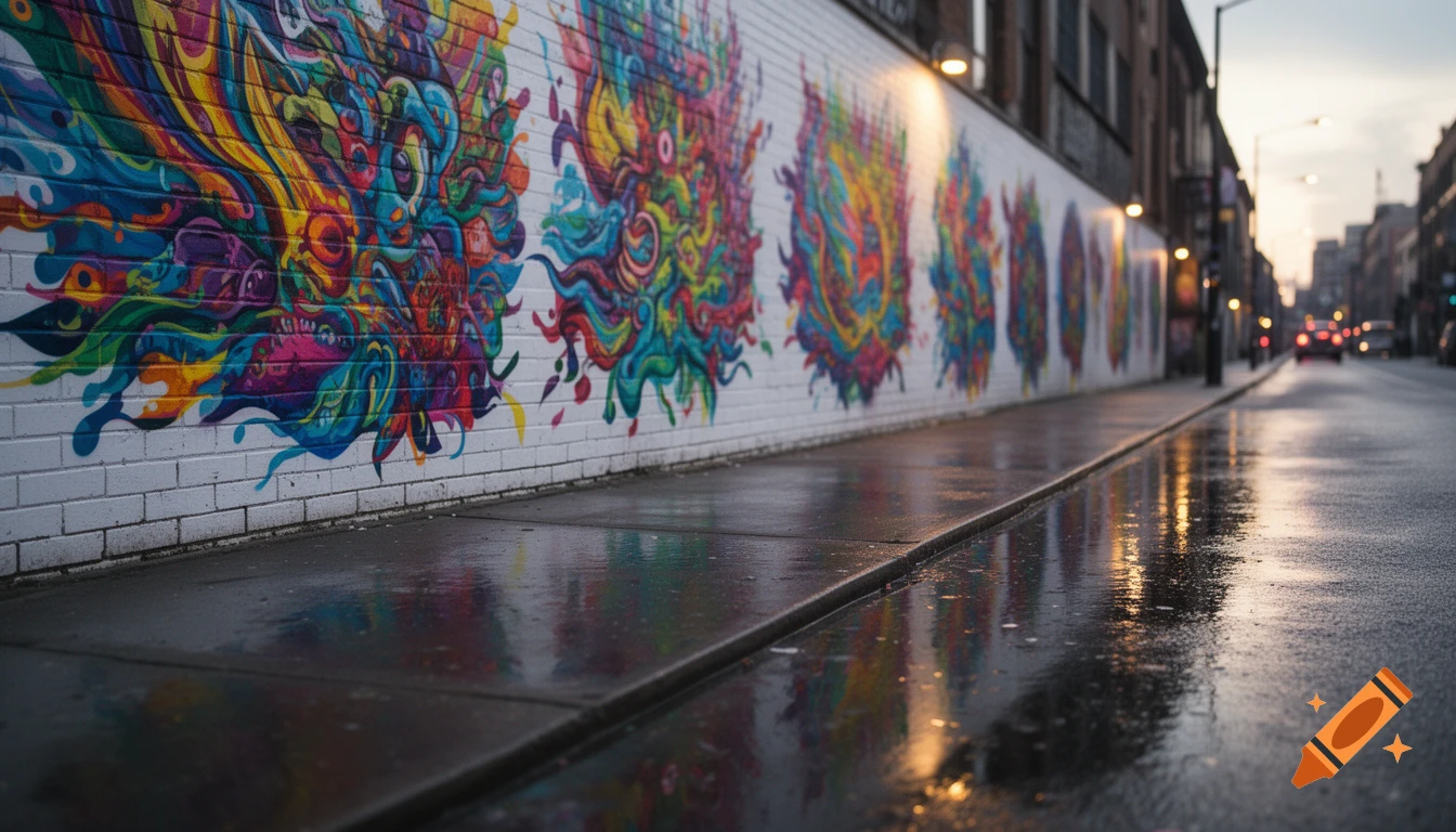 Photorealistic street scene with vibrant psychedelic graffiti on a white brick wall, wet pavement reflecting evening lights.