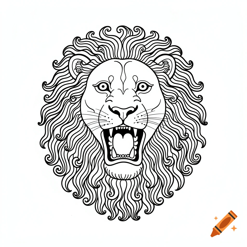 Black and white line drawing of a roaring lion's face with a stylized, thick mane.