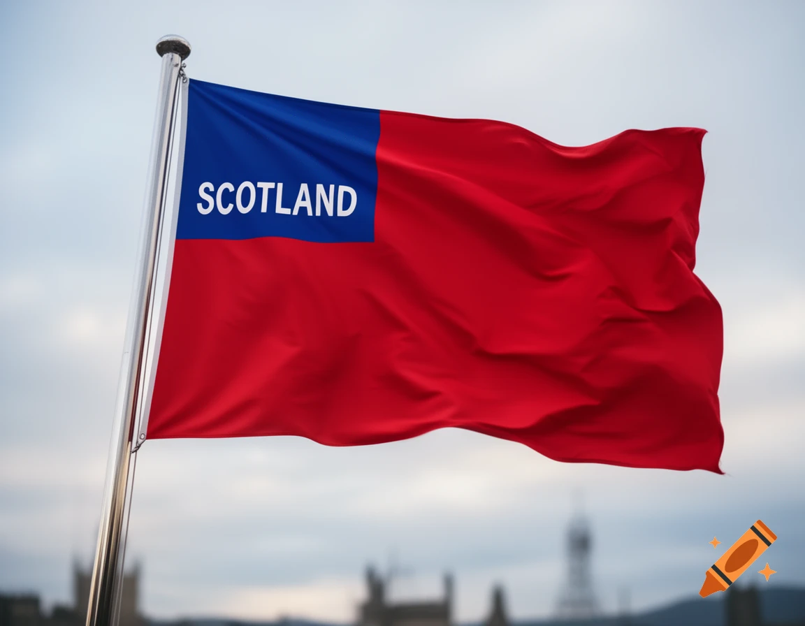 A red flag with a blue canton in the upper left corner, displaying the word 'SCOTLAND' in white capital letters, waving against a cloudy sky.