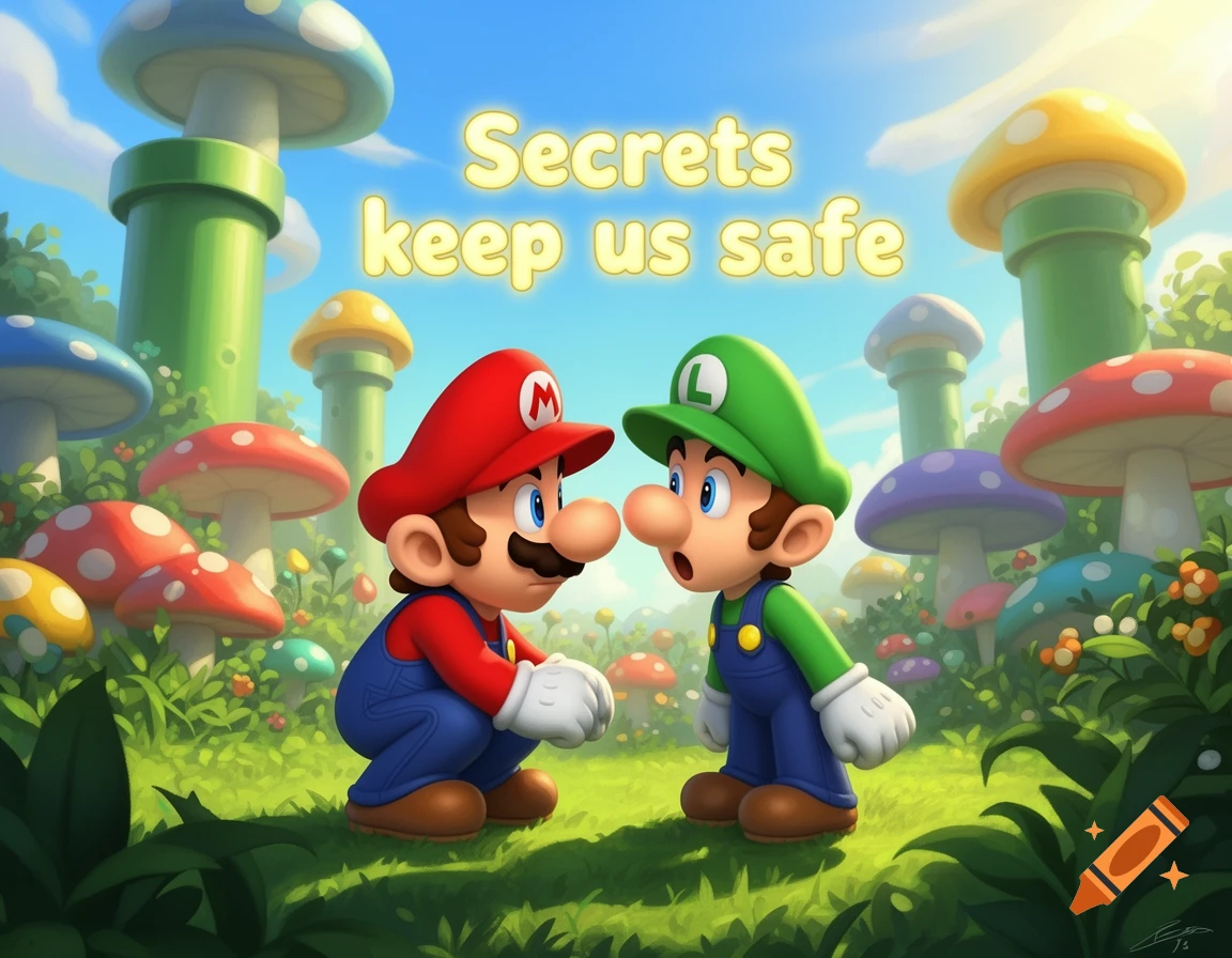 Stylized illustration of Mario crouching while looking at a surprised Luigi in a vibrant mushroom kingdom, with text 'Secrets keep us safe' above.