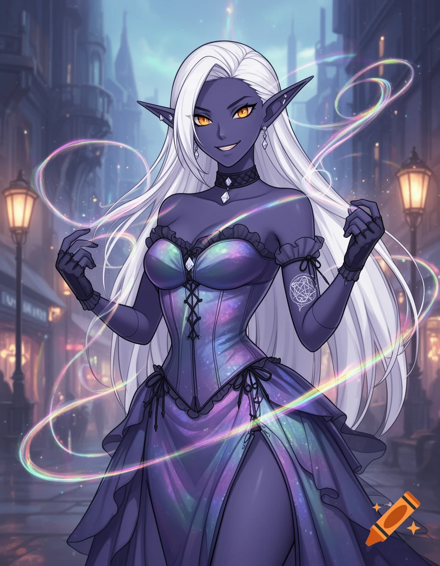 Anime-style Drow elf with dark indigo skin, long white hair, and amber eyes, smirking in an iridescent gown with magical effects in a fantasy city street.