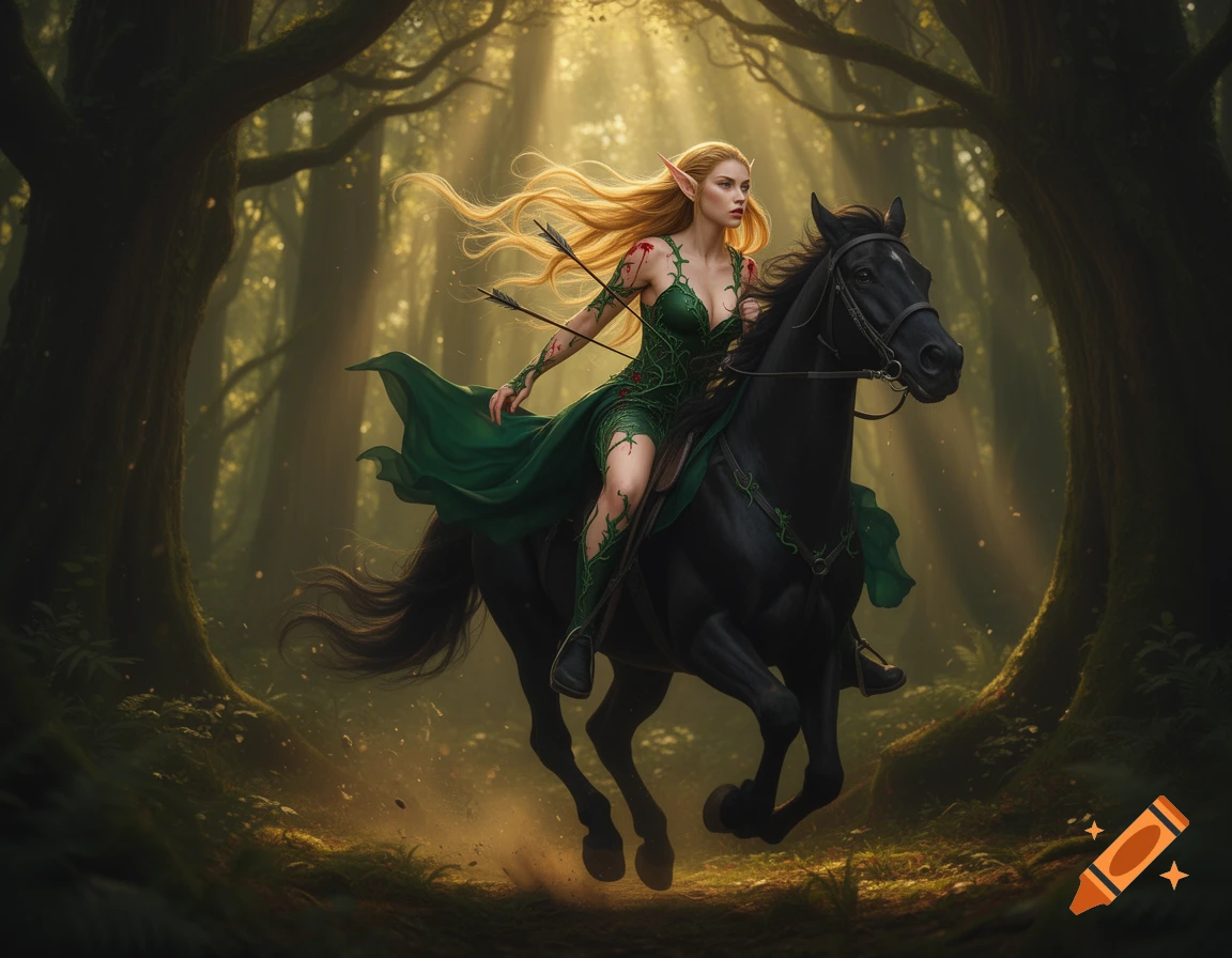 A fair-haired female elf in a green, leaf-patterned costume rides a black horse through a sunlit forest, with arrows in her back.