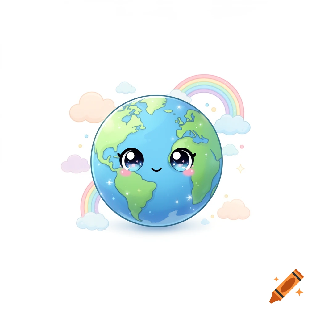 A cute kawaii Earth character with big sparkly eyes and a smile, surrounded by pastel clouds and rainbows.