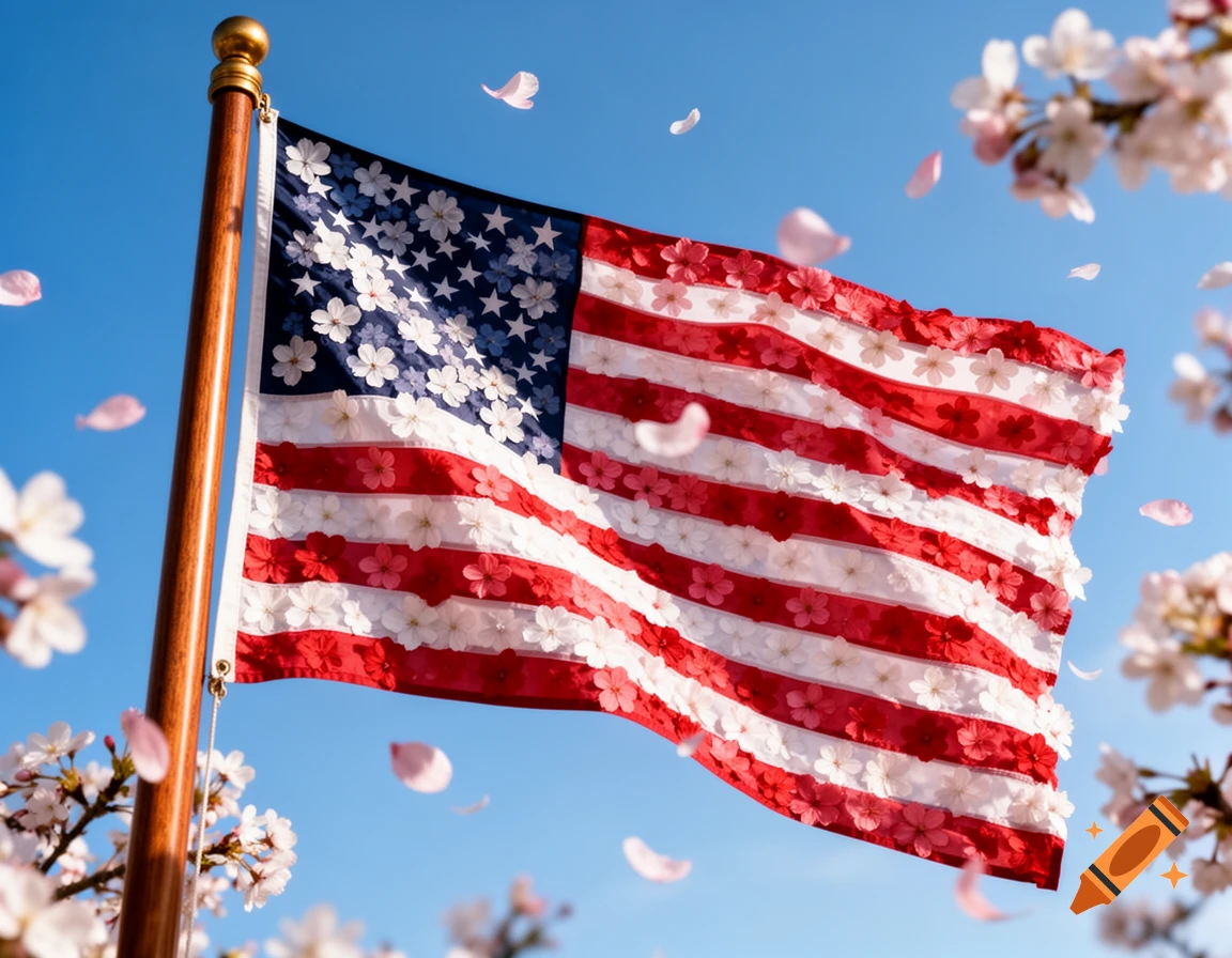 American flag made of red, white, and blue flowers, with cherry blossoms and petals against a blue sky.