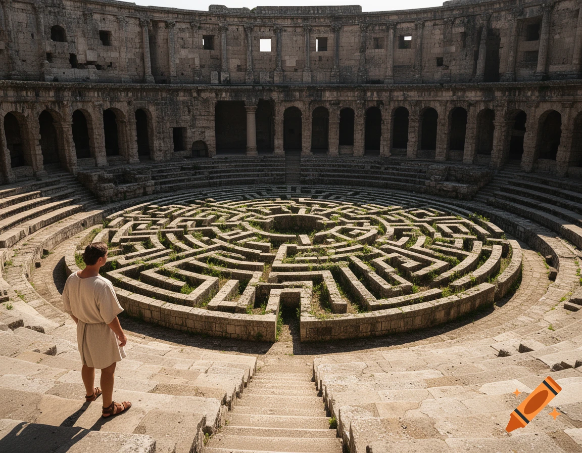 A person in ancient Roman attire stands in an arena, looking at a large labyrinth in the center.