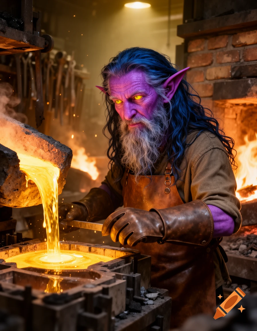 An old male elf with violet skin, dark blue hair, a white beard, and yellow eyes, pours molten gold in a glowing foundry.