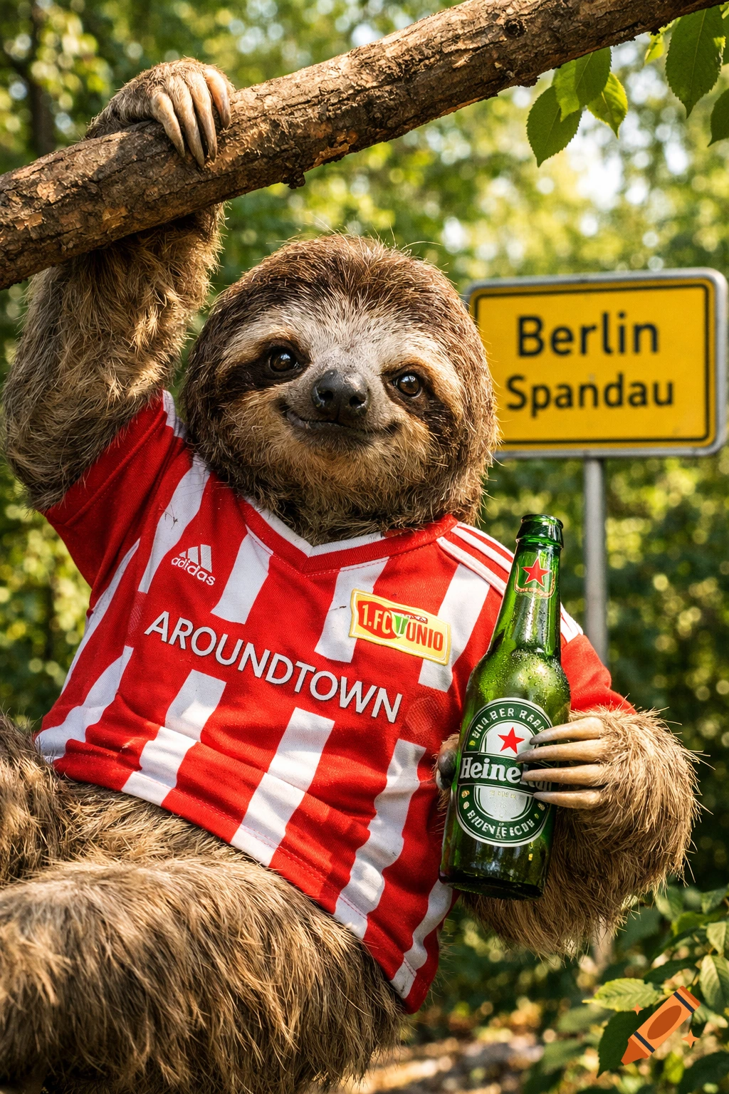 A smiling sloth in a red and white Union Berlin football jersey hangs from a branch, holding a Heineken beer, with a 'Berlin Spandau' sign.