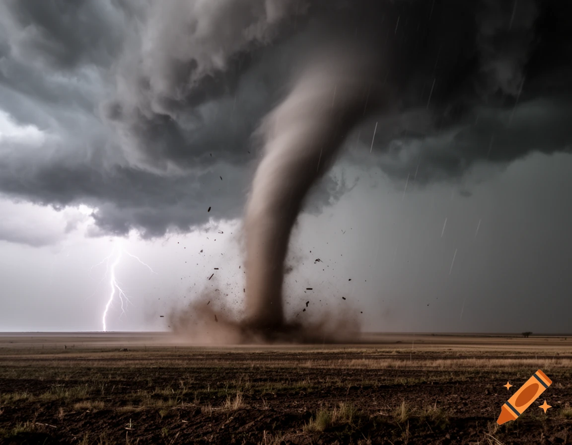 A massive tornado funnels down into a dry field under dark, stormy skies with a lightning strike in the distance.