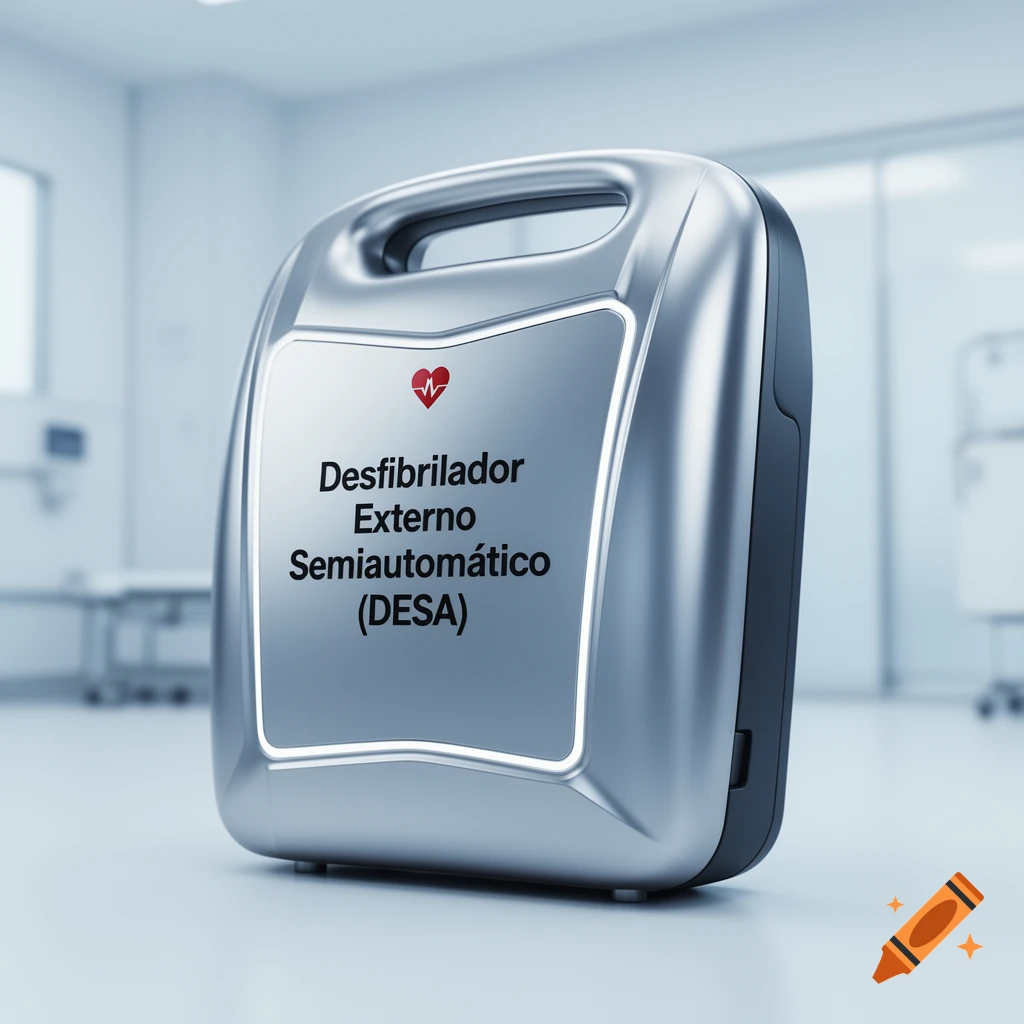 Photorealistic image of a silver semi-automatic external defibrillator (DESA) in a clean medical room.