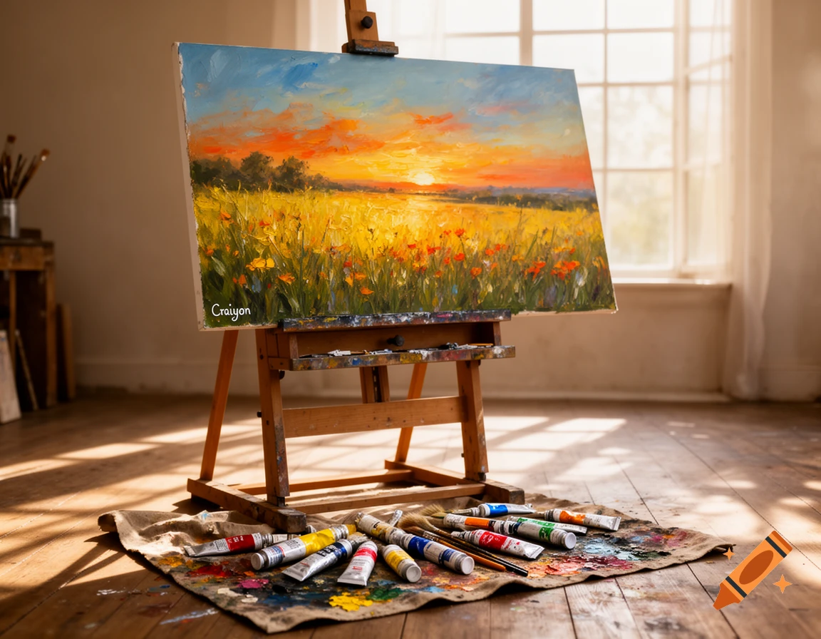 An artist's studio with an easel holding an oil painting of a sunset over a golden field, surrounded by paint tubes and brushes on a wooden floor.