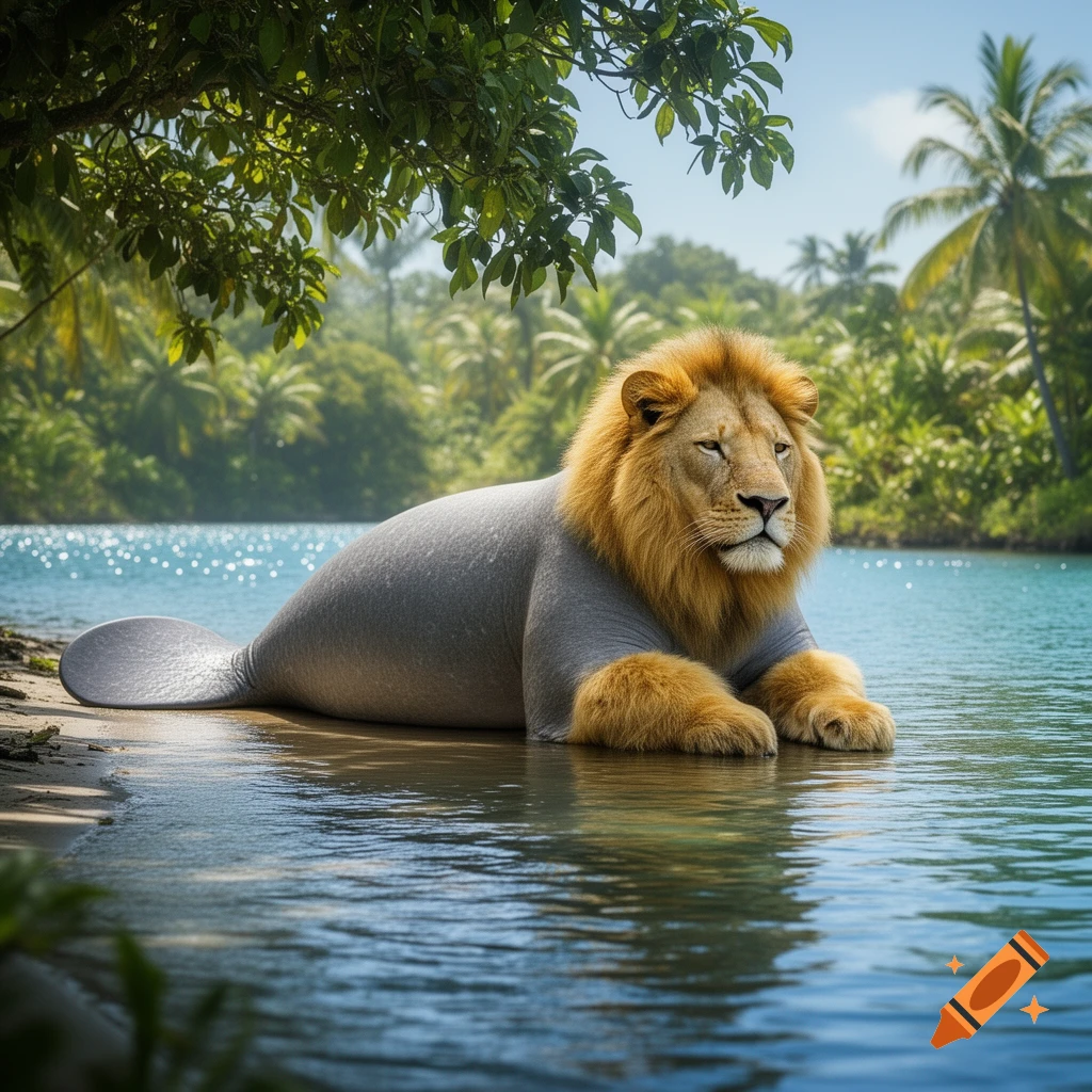 A photorealistic depiction of a hybrid creature with a lion's head and front paws and a manatee's grey body and tail, resting by a tropical water's edge.