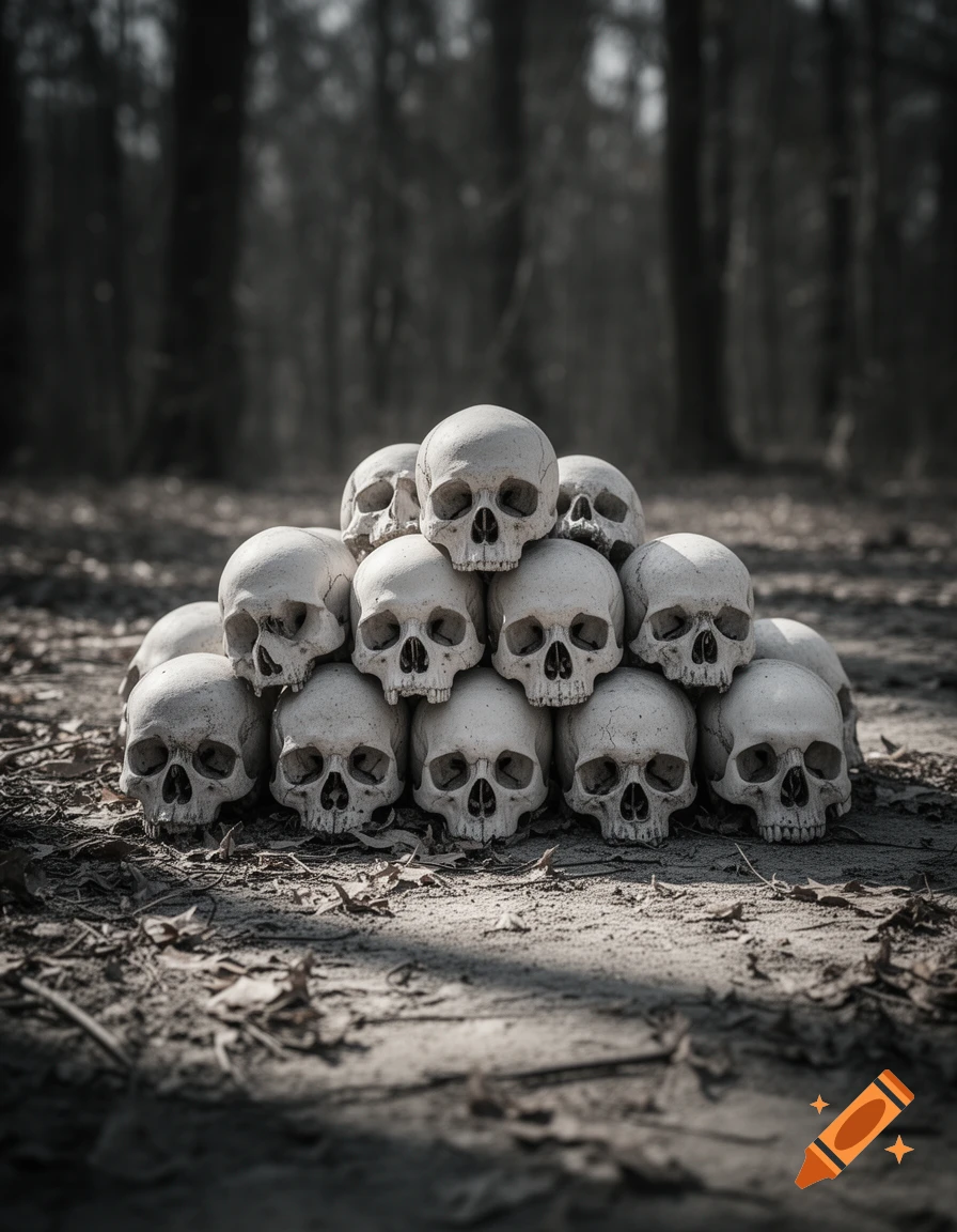 A pile of realistic human skulls lies on the ground in a dark, blurry forest.
