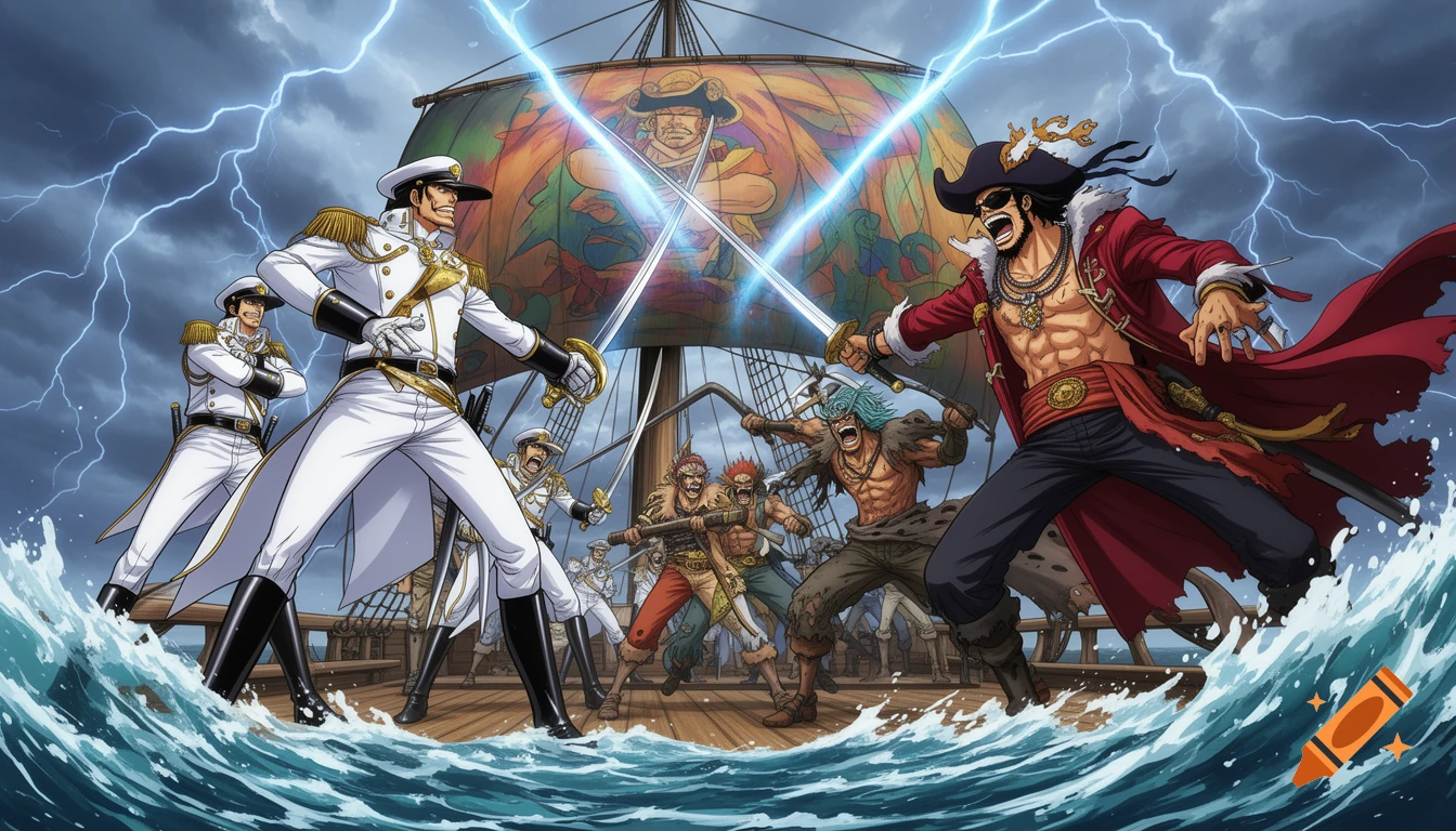 An anime-style battle between marines and pirates clashing swords on a stormy sea, with lightning in the sky.