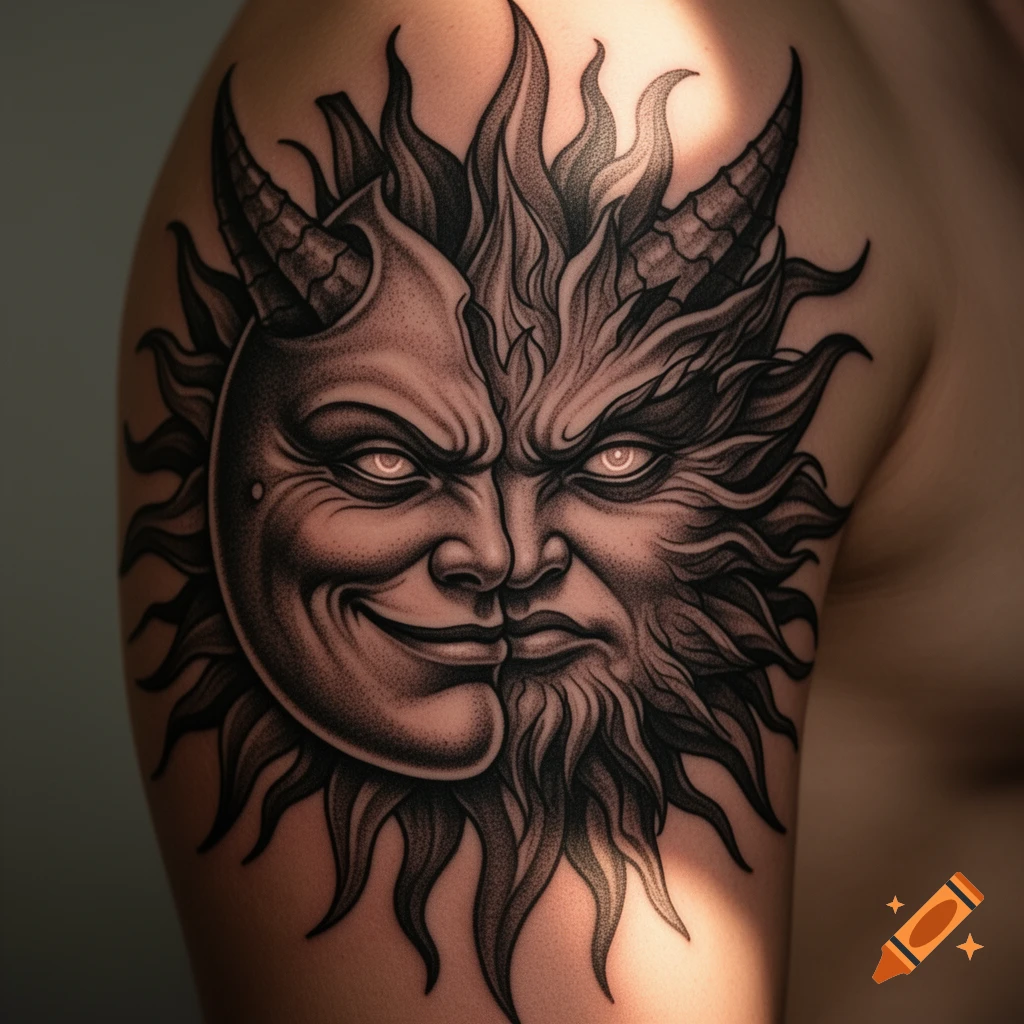 Detailed black and white demonic moon and sun tattoo on an arm, with stippling art style.