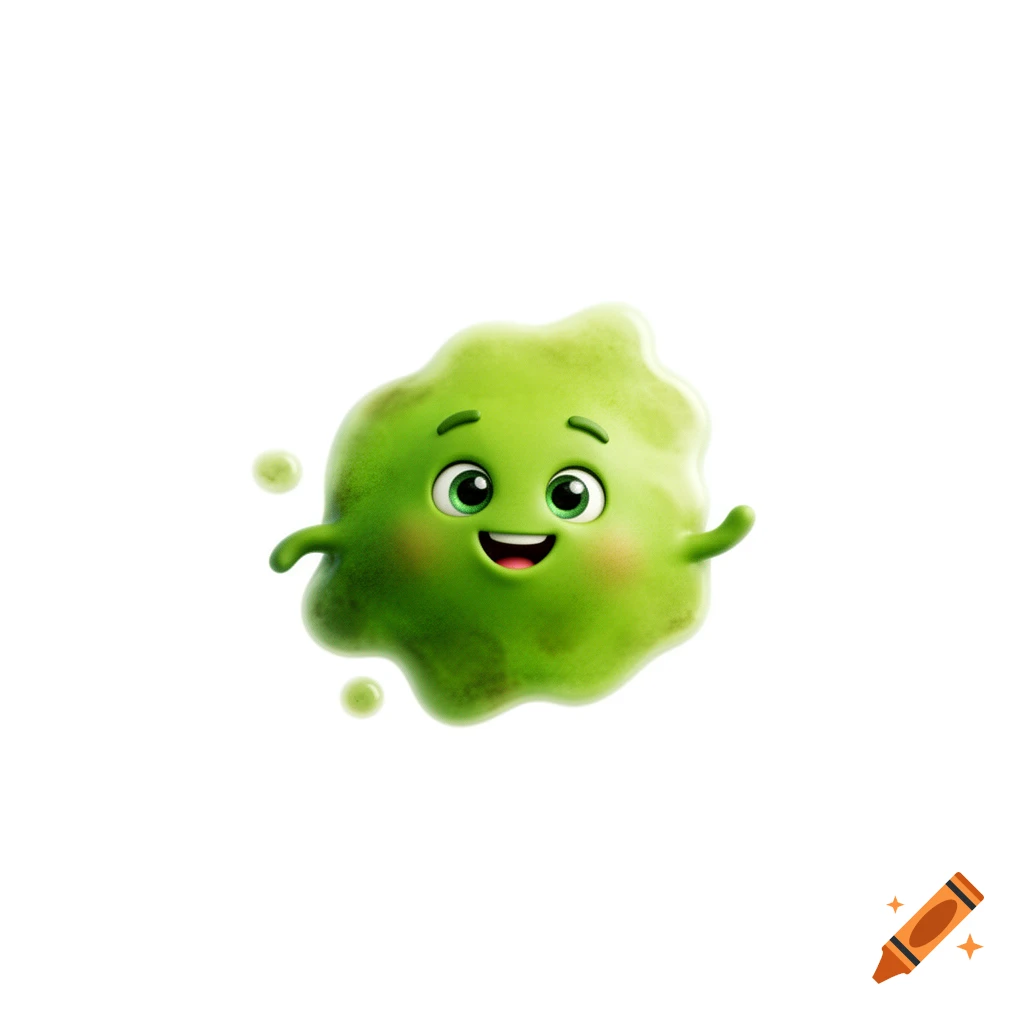 A cute, happy, anthropomorphized green grass stain cartoon character with big eyes and a smile, isolated on a white background.