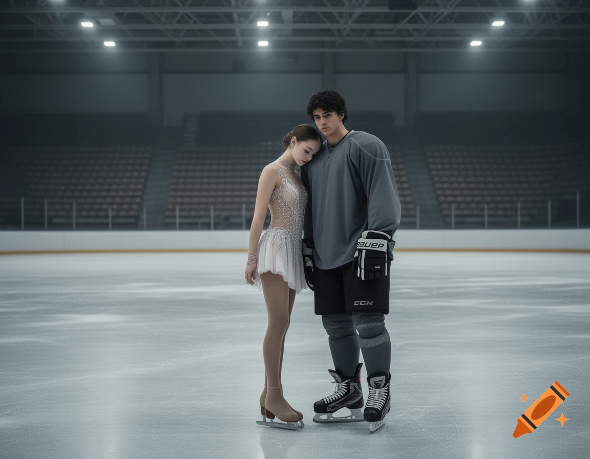 A figure skater and a hockey player stand sadly together on an empty ice rink, looking down.