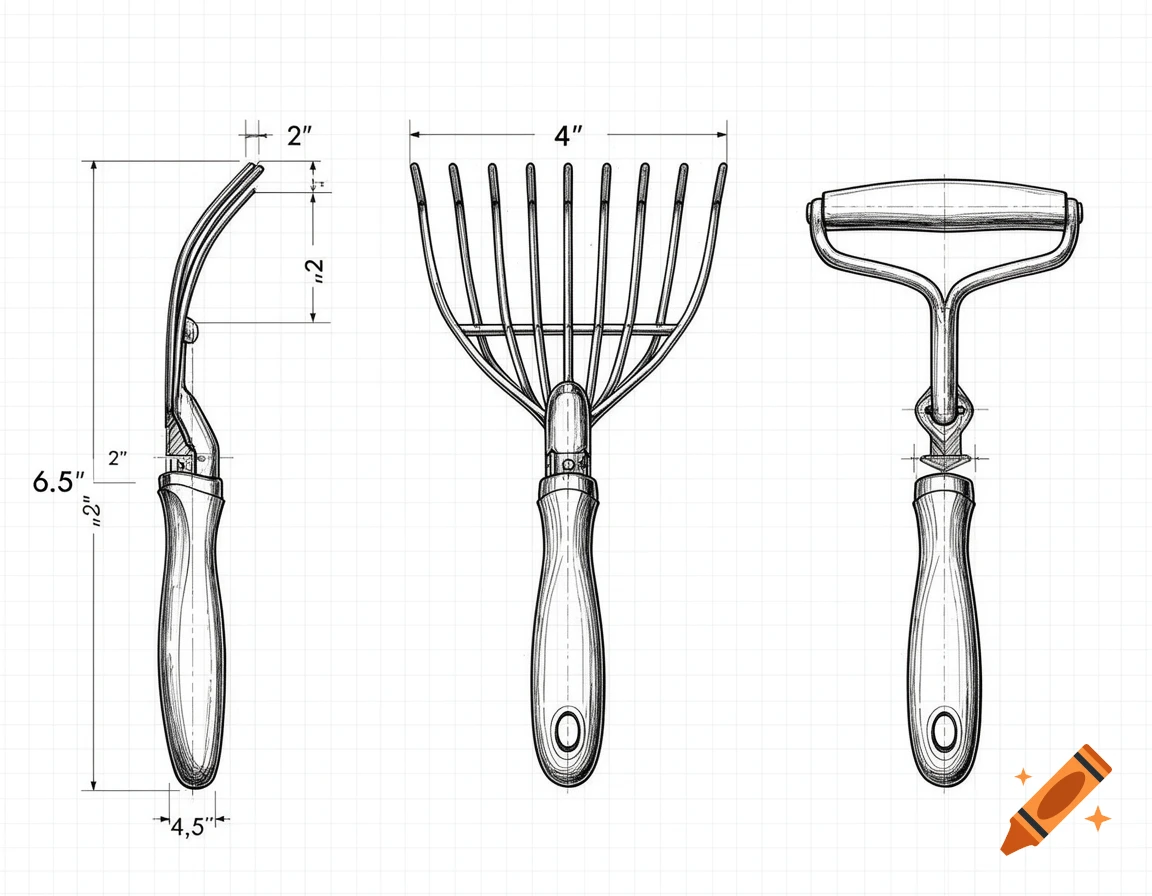 A technical drawing of a handheld garden rake with three views: side, front, and rear. Dimensions are labeled on a grid background.