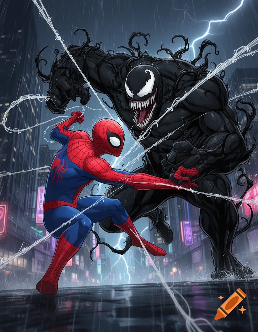 Spider-Man in a red and blue suit fights Venom in a dark, rainy city street with lightning, in a dynamic 2D anime style.