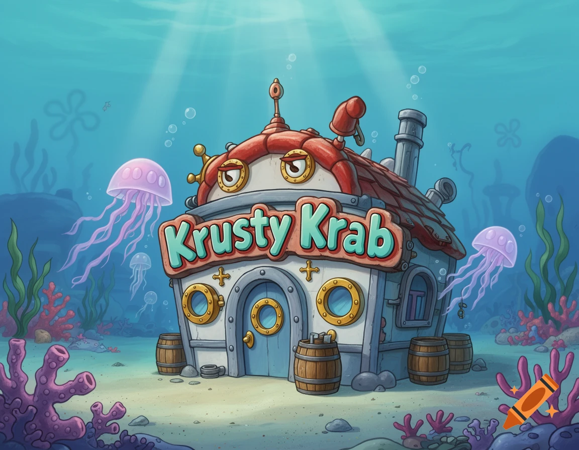 Cartoon illustration of the Krusty Krab restaurant underwater, surrounded by coral and jellyfish.
