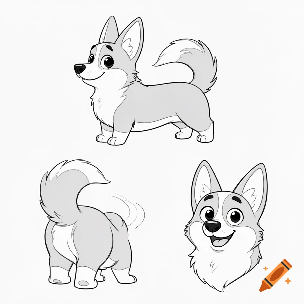 Three cartoon line art views of a happy corgi fursona: a full body side profile, a full body from behind, and a headshot.