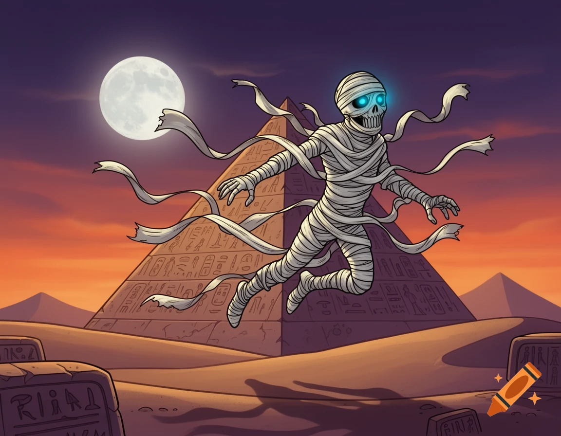A cartoon mummy with glowing blue eyes floats in a desert landscape with pyramids under a full moon.