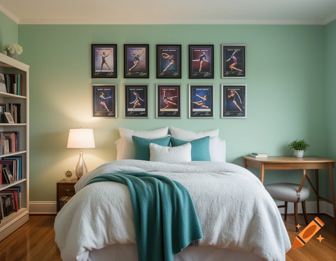 A bedroom with seafoam green walls, a white bed with a teal throw blanket, a bookshelf, and nine framed Shawn Johnson gymnastics posters above the bed.