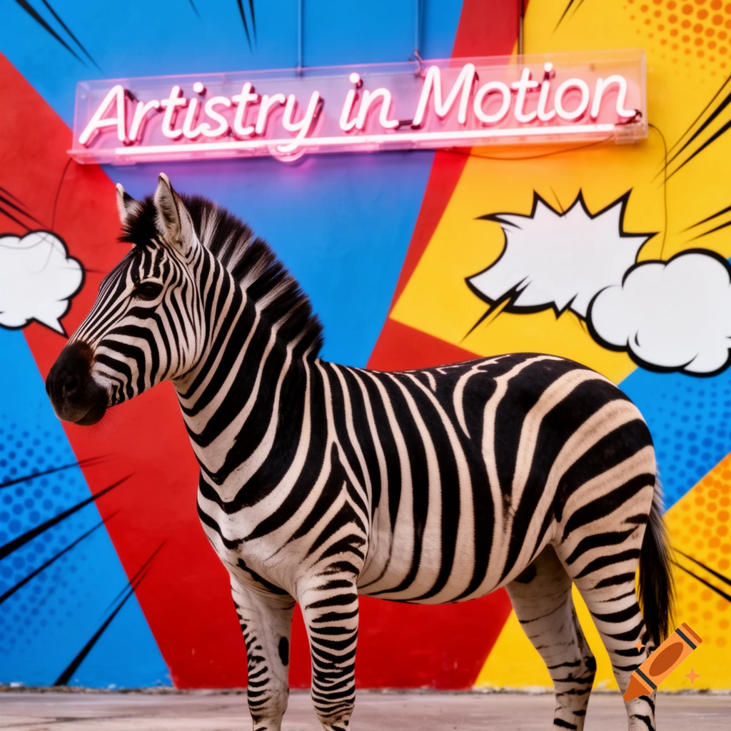 A realistic zebra stands in front of a colorful pop art wall with speech bubbles and a pink neon sign that reads 'Artistry in Motion'.