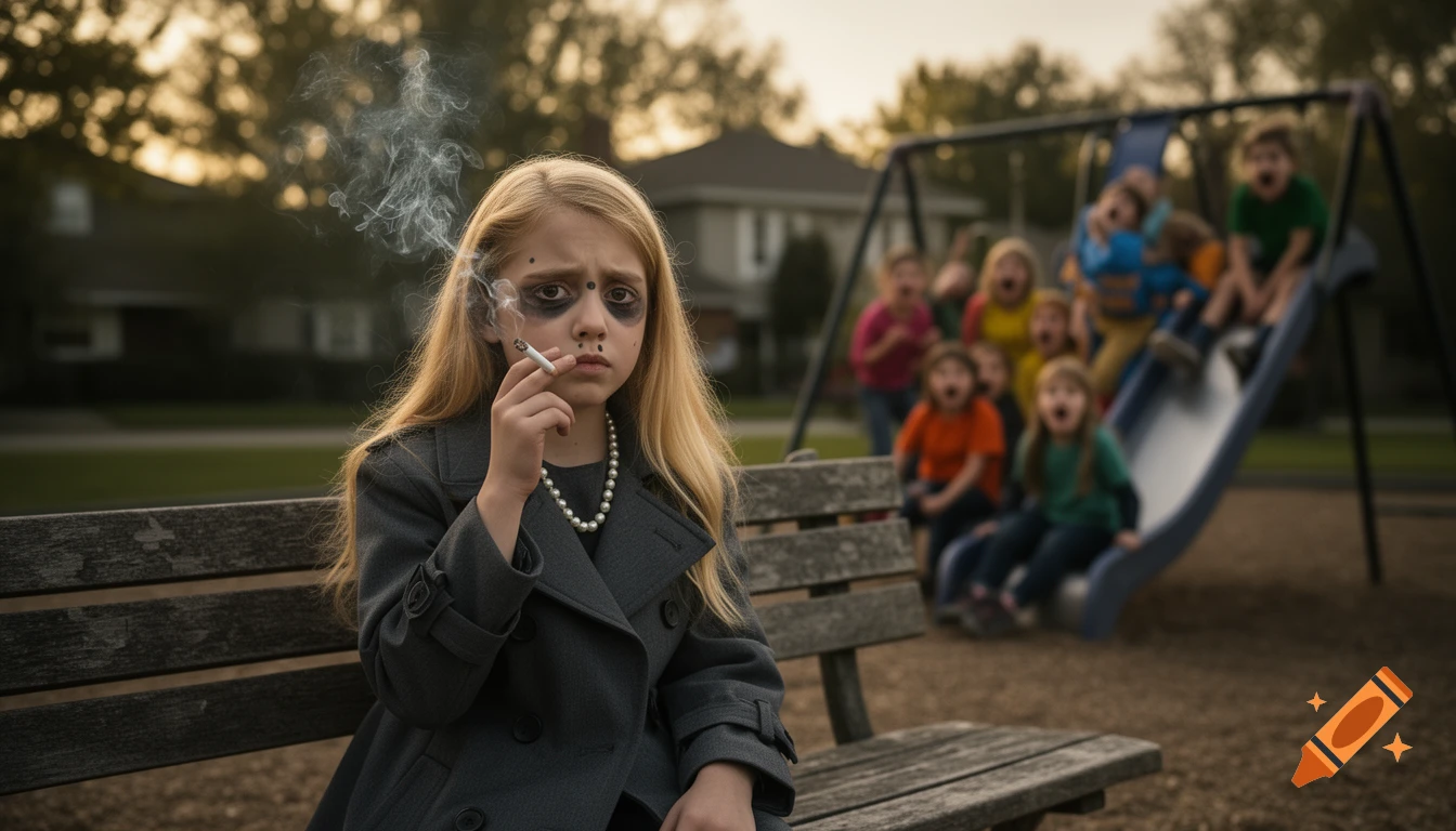 A hyperrealistic photo of a young girl with blonde hair in a trench coat, smoking a cigarette on a park bench. Other children play on a slide in the blurry background.