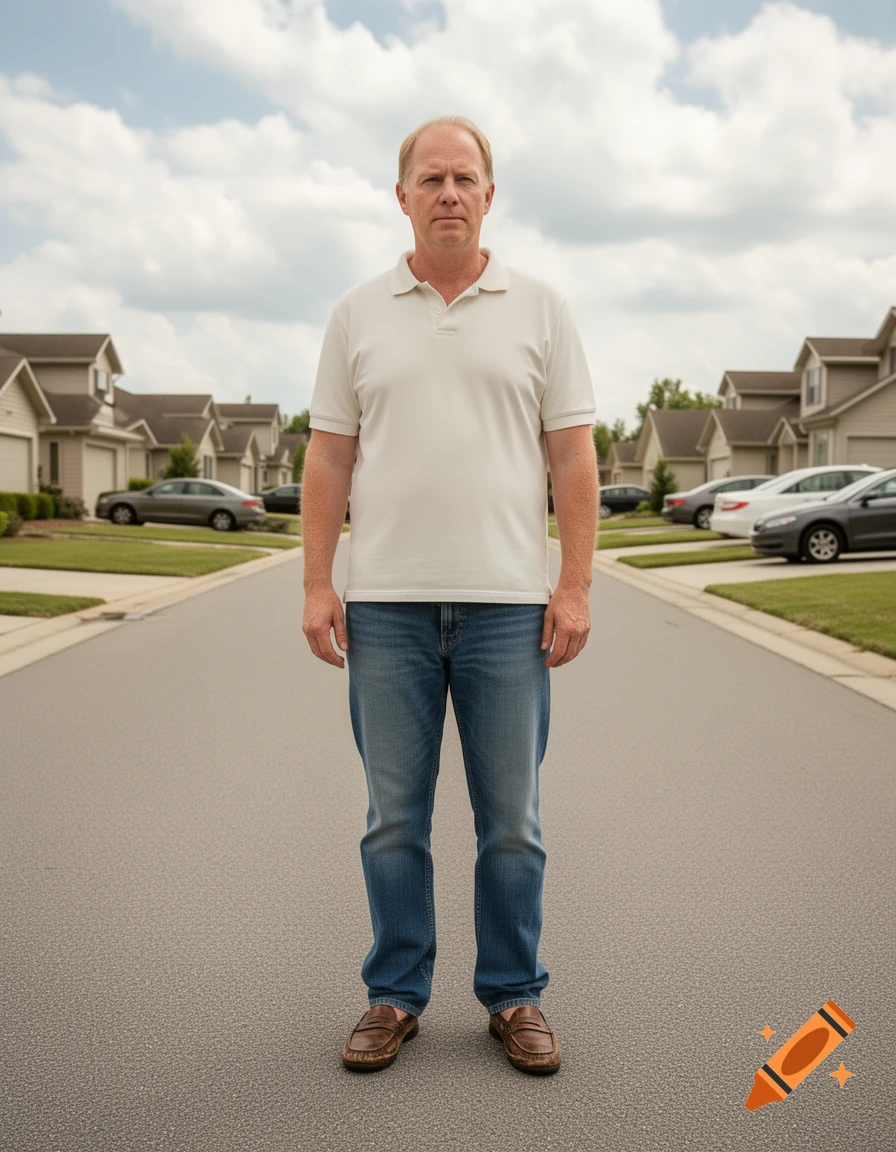 A man in a white polo shirt and jeans stands on a suburban street lined with houses and cars under a cloudy sky.