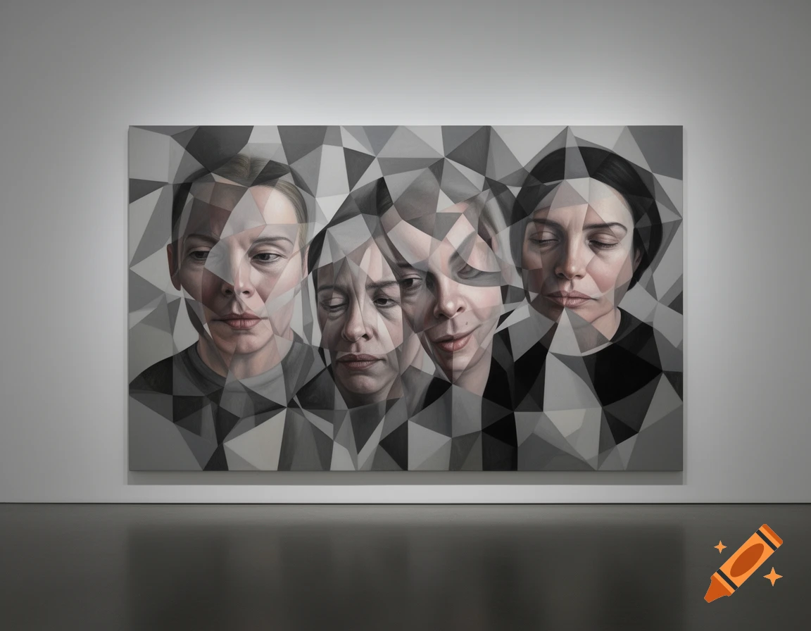 A semi-abstract painting of four women's faces, distorted by geometric shapes in shades of gray, white, and black.