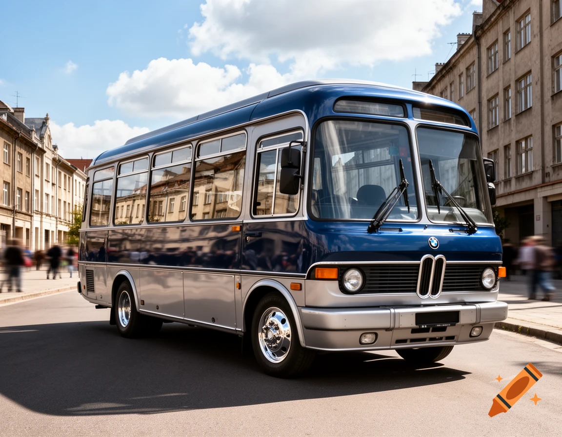 A blue and silver vintage BMW bus drives on a city street under a blue sky with scattered clouds.