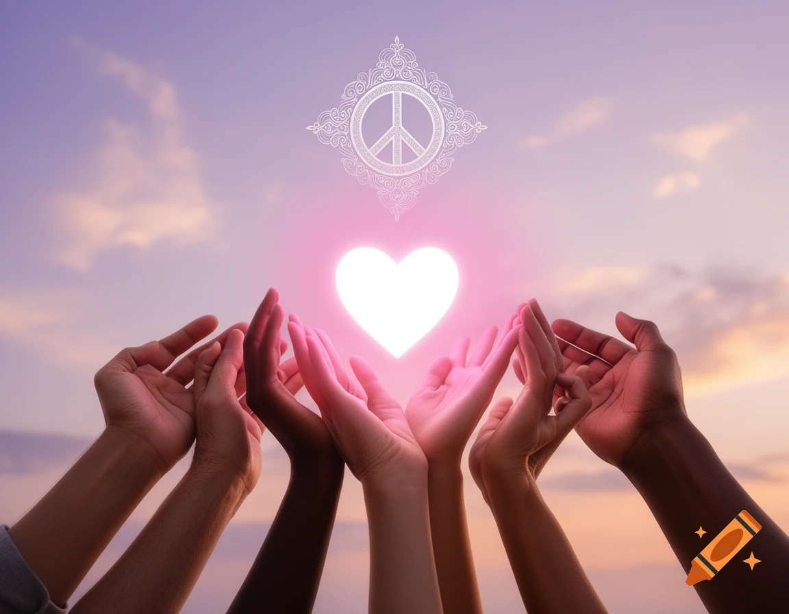 Diverse hands reach up towards a glowing pink heart and an ornate peace symbol against a gradient sunset sky.