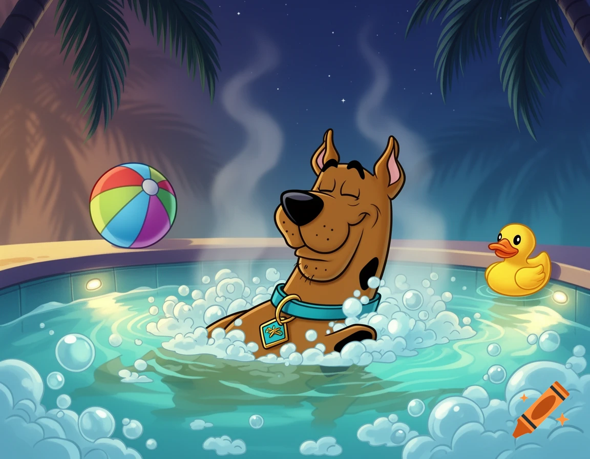 Scooby-Doo relaxes in a bubbly hot tub at night, with a colorful beach ball and a yellow rubber duck nearby.