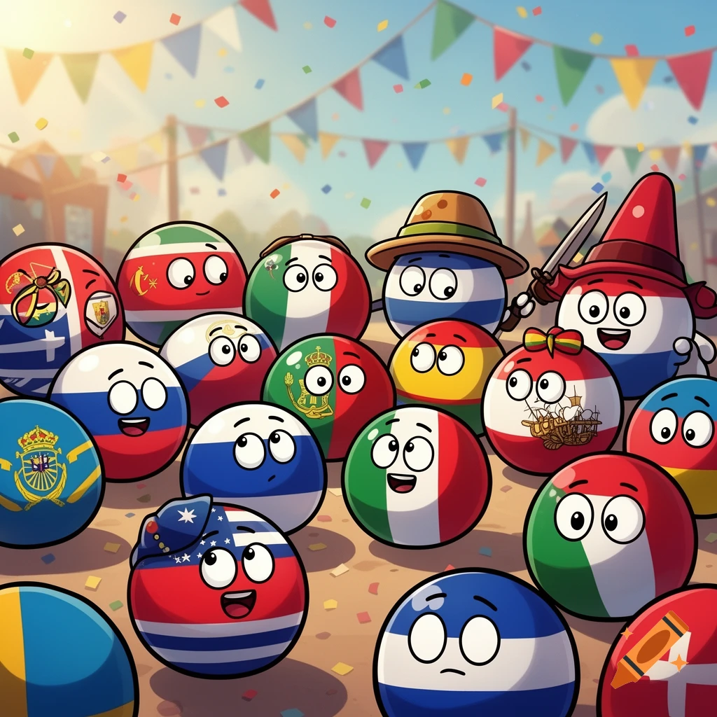 Cartoon countryballs with various national flag designs, some wearing hats or holding props, at a festive outdoor gathering with confetti and bunting.