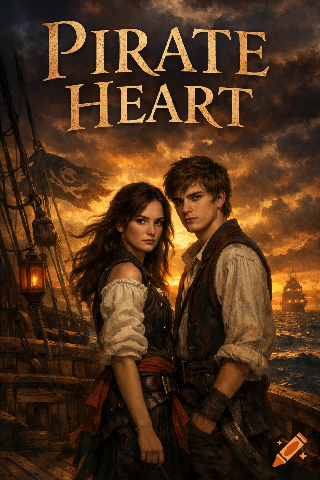 Book cover with two pirate-dressed teenagers on a ship at sunset, title 'PIRATE HEART' above.