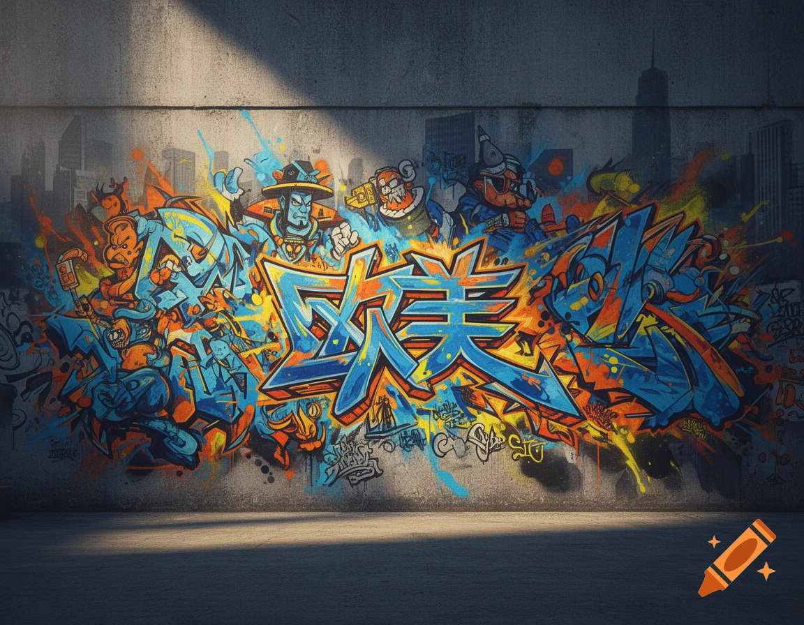 Vibrant graffiti art on a concrete wall, featuring blue and orange stylized characters, large Chinese text '欧美', and a subtle city skyline.