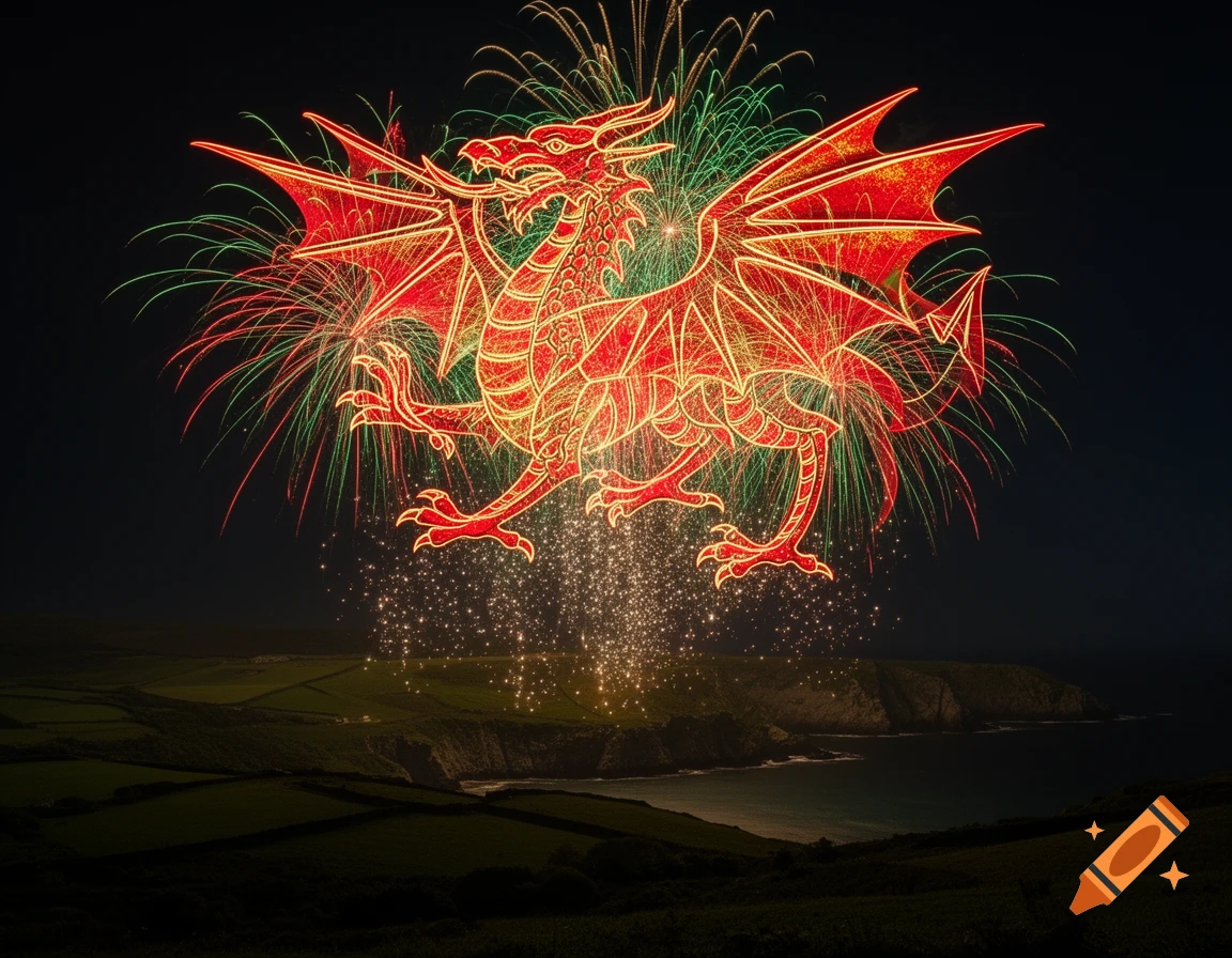 A large red and gold fireworks display shaped like a Welsh dragon explodes over a dark coastline and green fields at night.