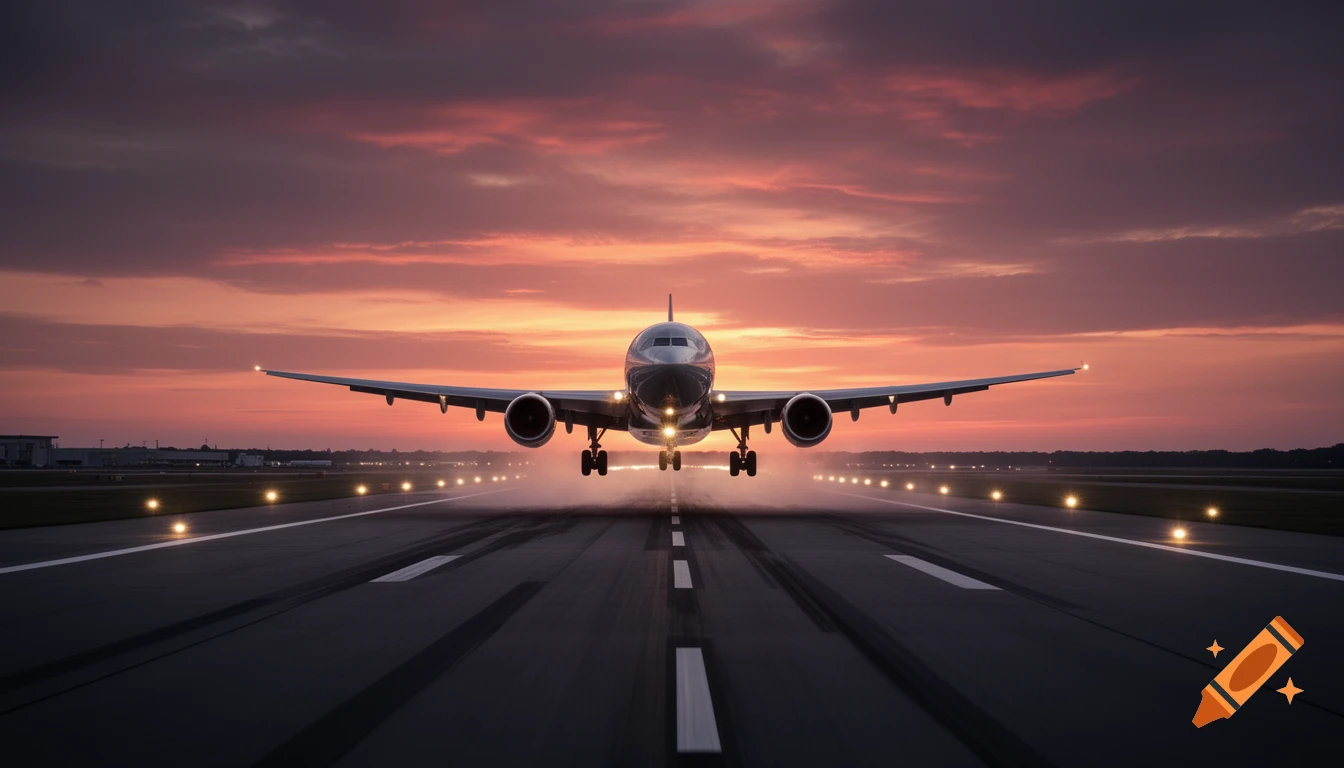 Large passenger airplane taking off from a runway at sunset, with bright runway lights illuminated, photorealistic.