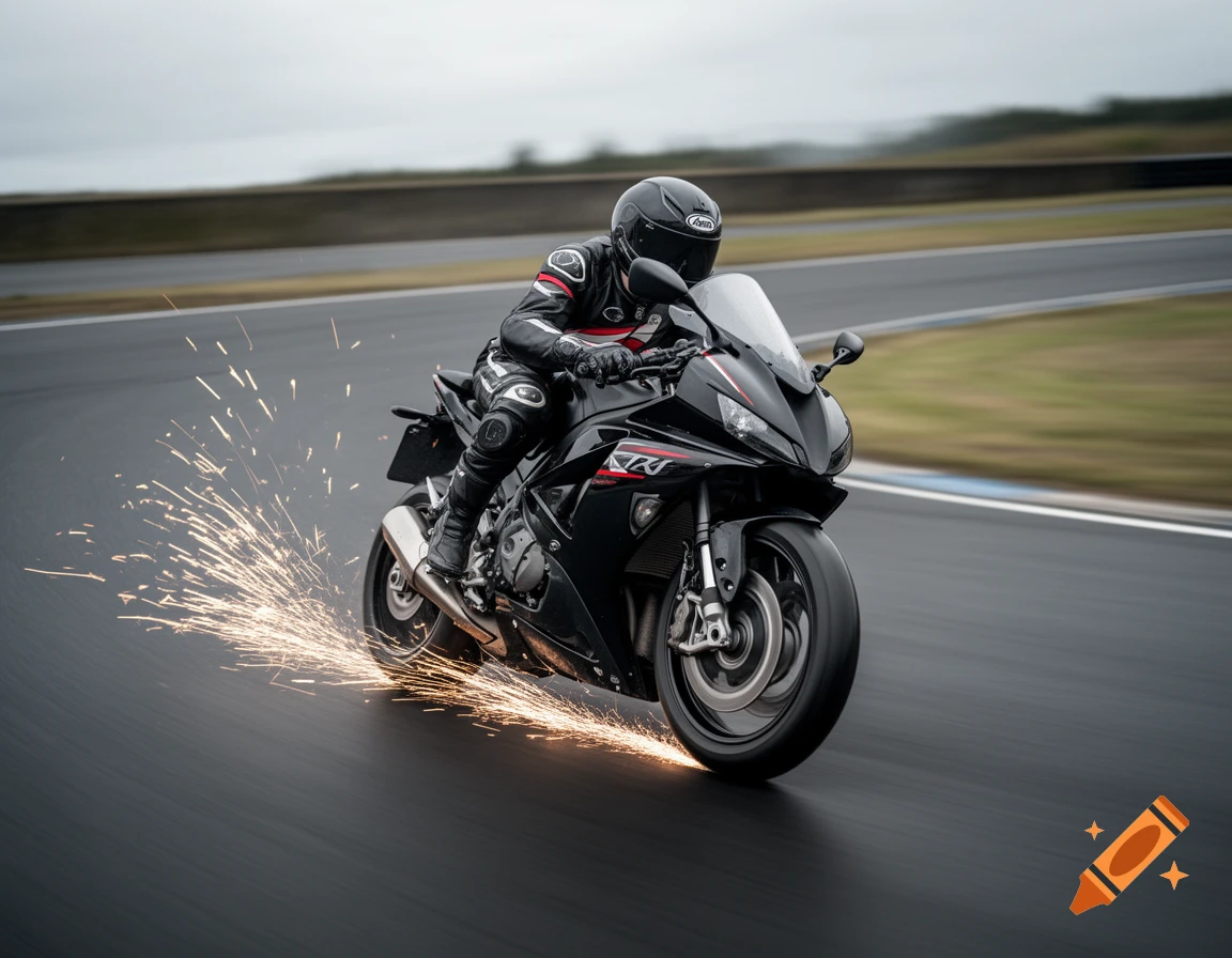A person in full gear rides a black sport motorcycle, leaning into a turn on a race track, generating sparks. Dynamic shot.