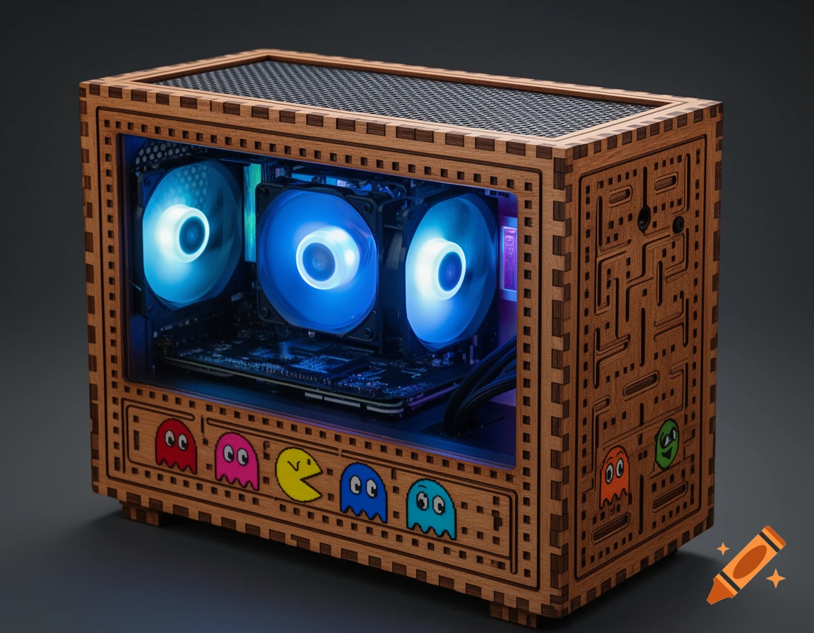 A custom wooden PC case with a Pac-Man theme, featuring Pac-Man and ghosts, and three blue-lit fans inside.